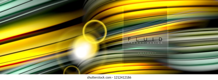 Mixing color waves on black, liquid flowing shapes, vector fluid trendy design