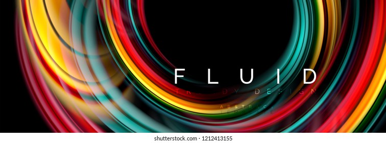 Mixing color waves on black, liquid flowing shapes, vector fluid trendy design