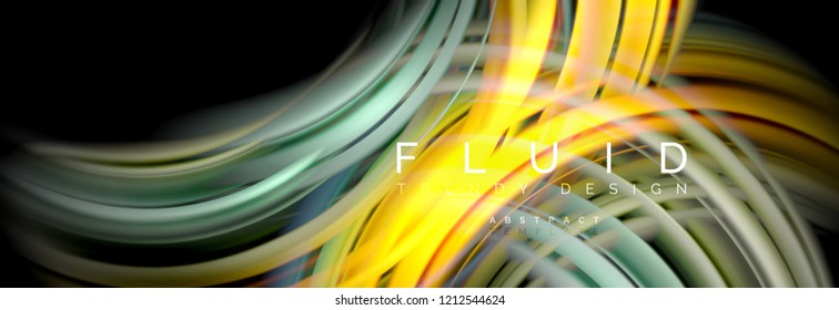 Mixing color waves on black, liquid flowing shapes, vector fluid trendy design