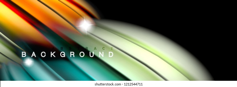 Mixing color waves on black, liquid flowing shapes, vector fluid trendy design
