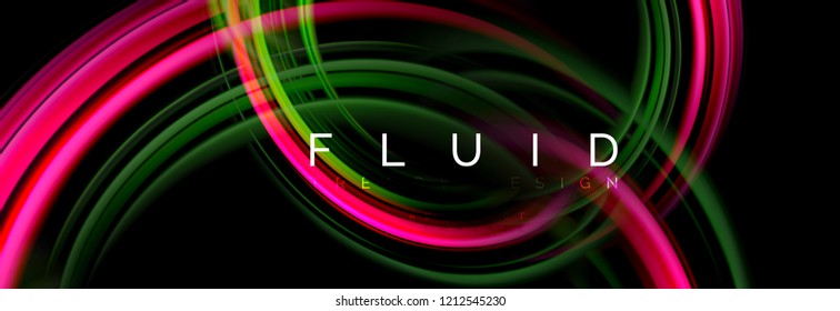Mixing color waves on black, liquid flowing shapes, vector fluid trendy design