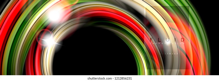 Mixing color waves on black, liquid flowing shapes, vector fluid trendy design