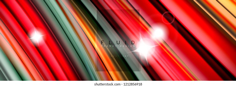 Mixing color waves on black, liquid flowing shapes, vector fluid trendy design