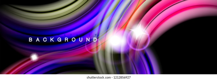 Mixing color waves on black, liquid flowing shapes, vector fluid trendy design