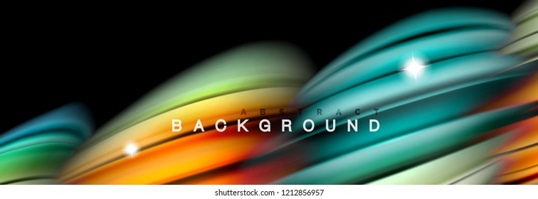 Mixing color waves on black, liquid flowing shapes, vector fluid trendy design