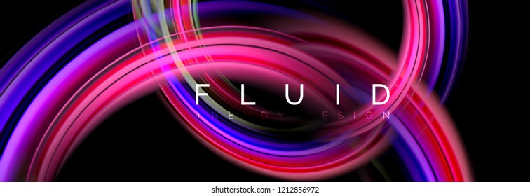 Mixing color waves on black, liquid flowing shapes, vector fluid trendy design