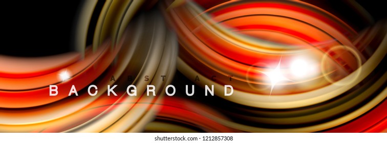 Mixing color waves on black, liquid flowing shapes, vector fluid trendy design