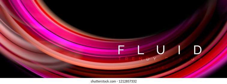 Mixing color waves on black, liquid flowing shapes, vector fluid trendy design