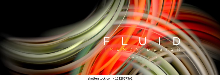 Mixing color waves on black, liquid flowing shapes, vector fluid trendy design