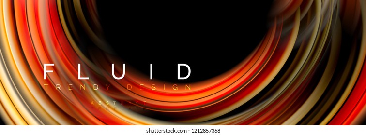 Mixing color waves on black, liquid flowing shapes, vector fluid trendy design
