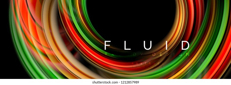 Mixing color waves on black, liquid flowing shapes, vector fluid trendy design