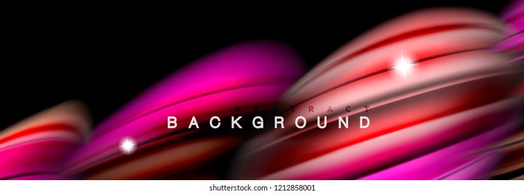 Mixing color waves on black, liquid flowing shapes, vector fluid trendy design