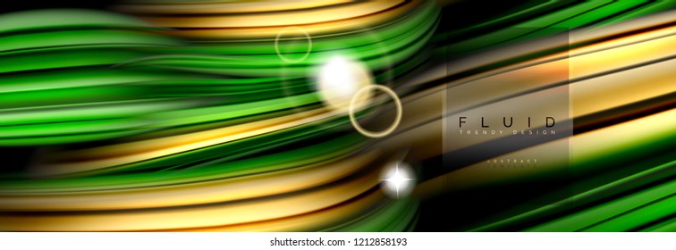 Mixing color waves on black, liquid flowing shapes, vector fluid trendy design