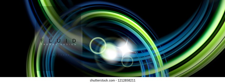 Mixing color waves on black, liquid flowing shapes, vector fluid trendy design