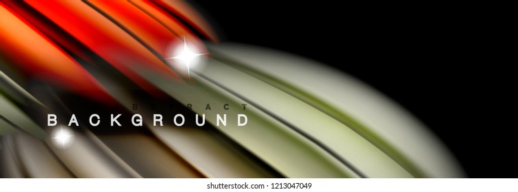 Mixing color waves on black, liquid flowing shapes, vector fluid trendy design