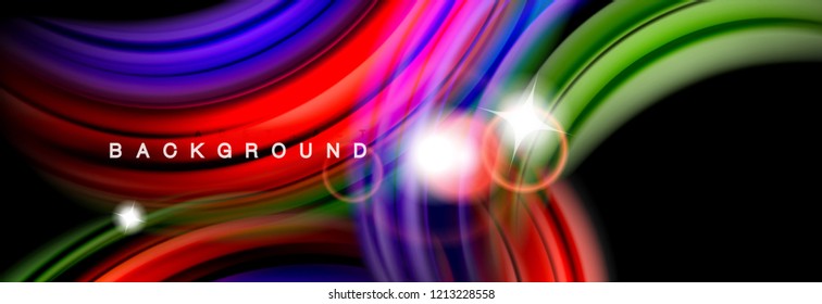 Mixing color waves on black, liquid flowing shapes, vector fluid trendy design