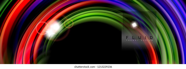 Mixing color waves on black, liquid flowing shapes, vector fluid trendy design