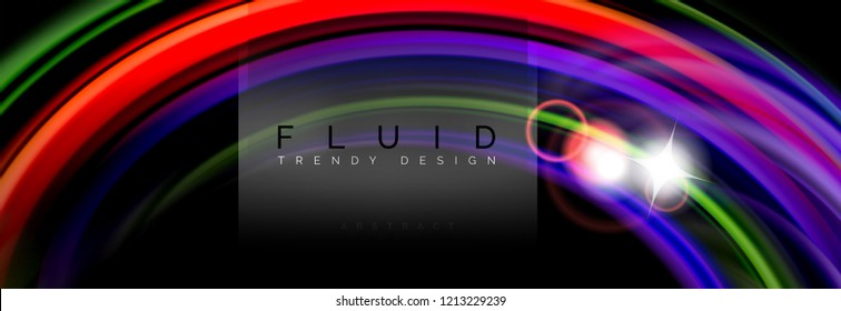 Mixing color waves on black, liquid flowing shapes, vector fluid trendy design