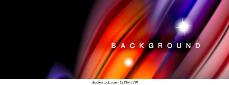 Mixing color waves on black, liquid flowing shapes, vector fluid trendy design