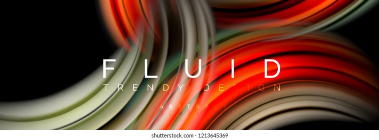 Mixing color waves on black, liquid flowing shapes, vector fluid trendy design