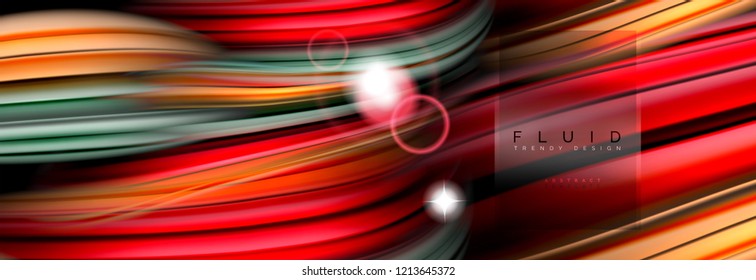 Mixing color waves on black, liquid flowing shapes, vector fluid trendy design