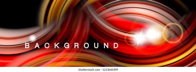 Mixing color waves on black, liquid flowing shapes, vector fluid trendy design