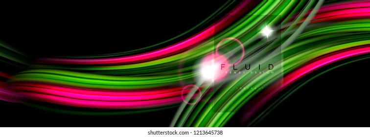 Mixing color waves on black, liquid flowing shapes, vector fluid trendy design