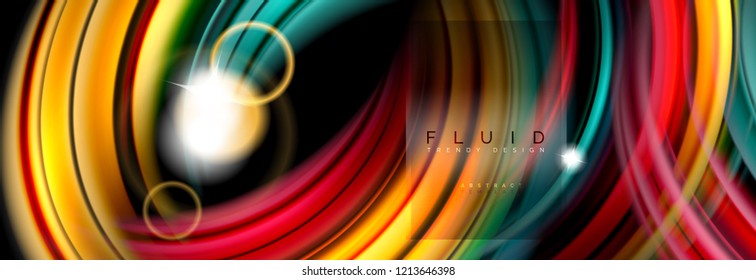 Mixing color waves on black, liquid flowing shapes, vector fluid trendy design