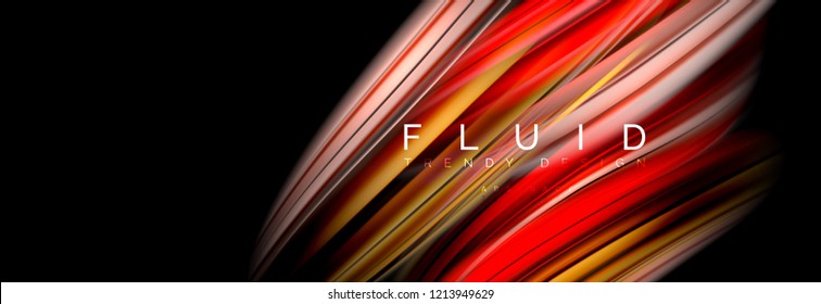 Mixing color waves on black, liquid flowing shapes, vector fluid trendy design