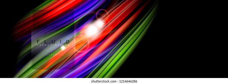 Mixing color waves on black, liquid flowing shapes, vector fluid trendy design