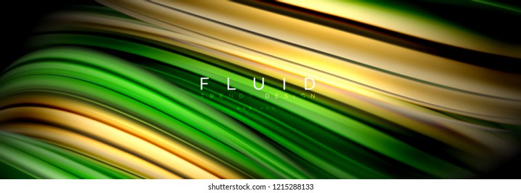 Mixing color waves on black, liquid flowing shapes, vector fluid trendy design