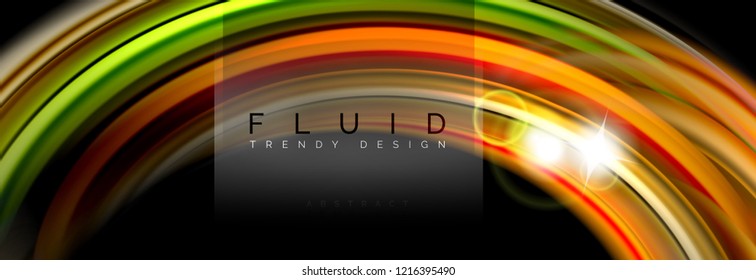 Mixing color waves on black, liquid flowing shapes, vector fluid trendy design