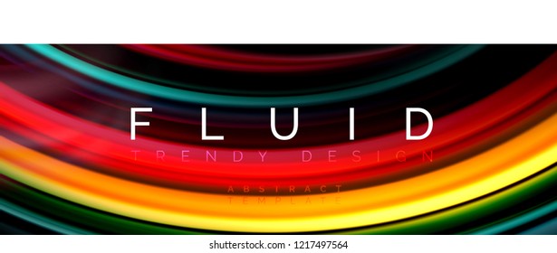 Mixing color waves on black, liquid flowing shapes, vector fluid trendy design