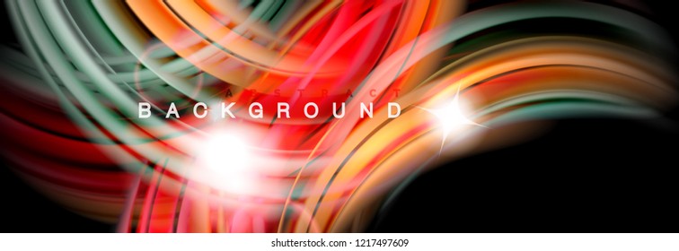 Mixing color waves on black, liquid flowing shapes, vector fluid trendy design