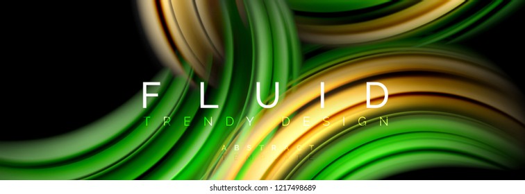 Mixing color waves on black, liquid flowing shapes, vector fluid trendy design