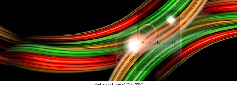 Mixing color waves on black, liquid flowing shapes, vector fluid trendy design
