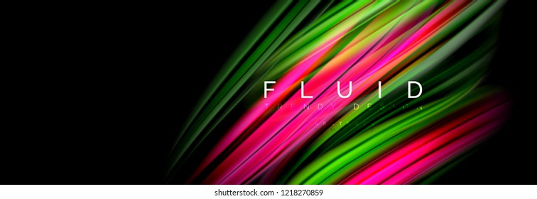 Mixing color waves on black, liquid flowing shapes, vector fluid trendy design