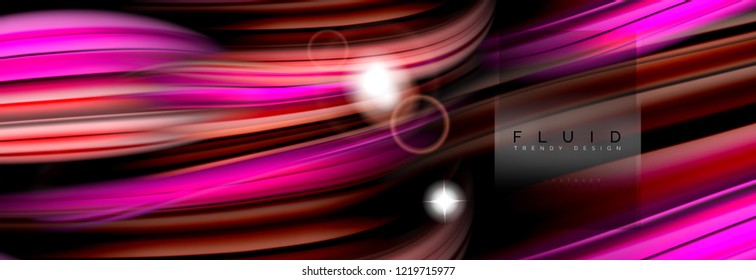 Mixing color waves on black, liquid flowing shapes, vector fluid trendy design