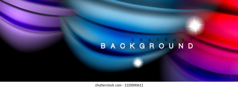 Mixing color waves on black, liquid flowing shapes, vector fluid trendy design