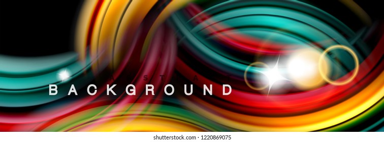 Mixing color waves on black, liquid flowing shapes, vector fluid trendy design