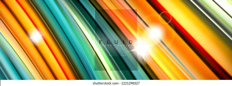Mixing color waves on black, liquid flowing shapes, vector fluid trendy design