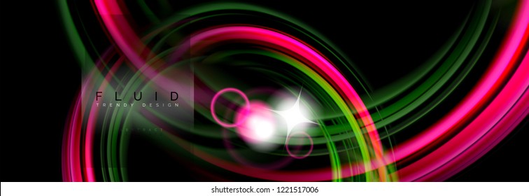 Mixing color waves on black, liquid flowing shapes, vector fluid trendy design