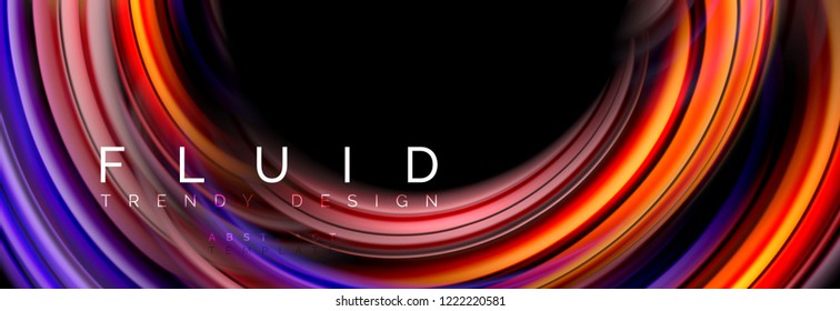 Mixing color waves on black, liquid flowing shapes, vector fluid trendy design