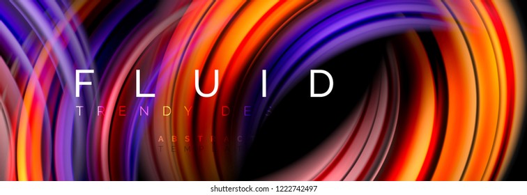 Mixing color waves on black, liquid flowing shapes, vector fluid trendy design
