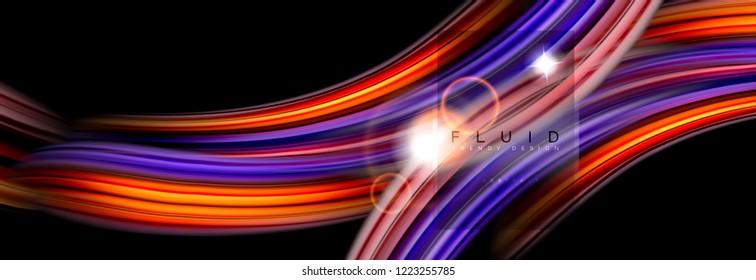 Mixing color waves on black, liquid flowing shapes, vector fluid trendy design