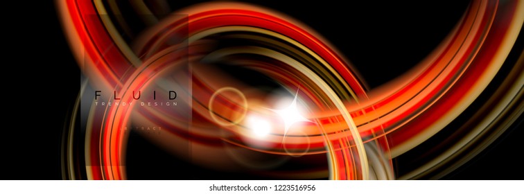 Mixing color waves on black, liquid flowing shapes, vector fluid trendy design