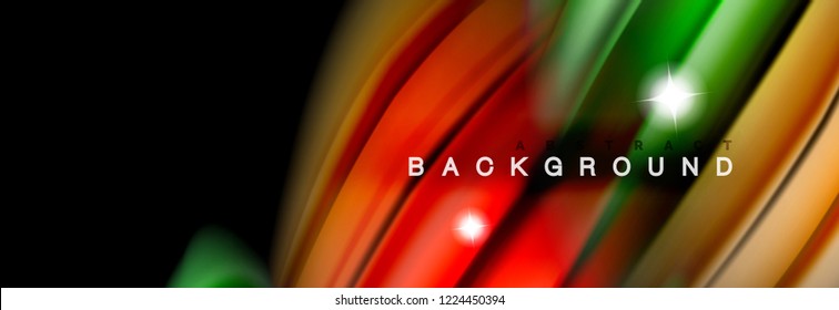 Mixing color waves on black, liquid flowing shapes, vector fluid trendy design