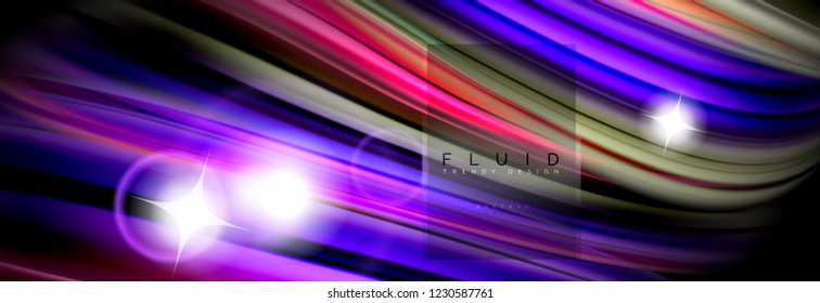 Mixing color waves on black, liquid flowing shapes, vector fluid trendy design