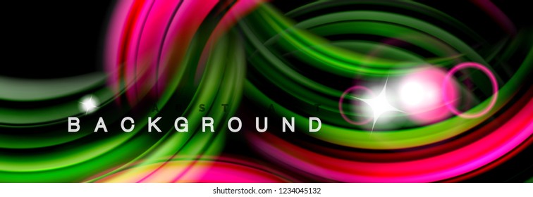 Mixing color waves on black, liquid flowing shapes, vector fluid trendy design