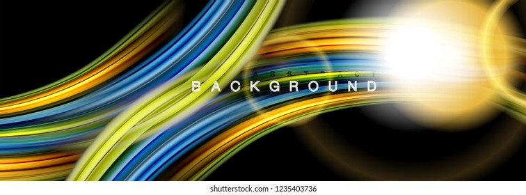 Mixing color waves on black, liquid flowing shapes, vector fluid trendy design